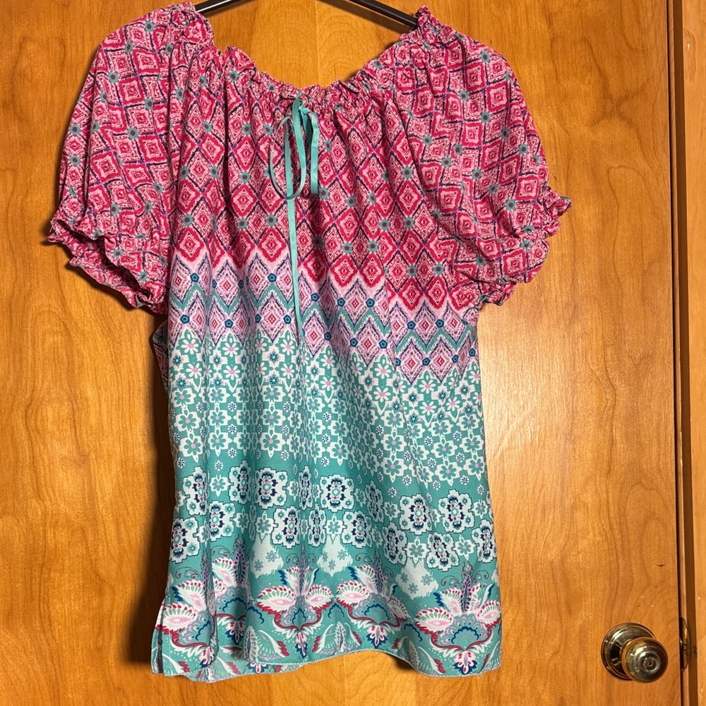 Women’s Off-Shoulder Printed Peasant Blouse in Pink & Teal